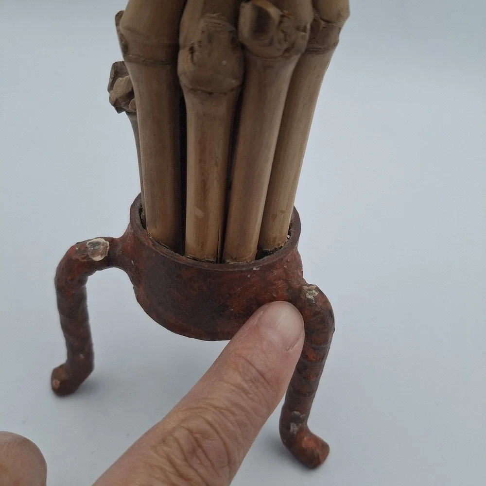 Rustic Metal Candleholder Bamboo Contrast Accent Three Legged Patina Rugged 7 In